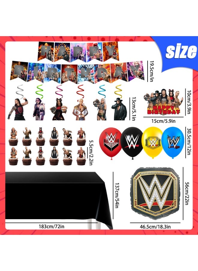 WWE Wrestling Birthday Party Decorations Set, 34PCS WWE Party Supplies with Banner Cake Topper Balloons Tablecloth Spiral Hanging Decor Foil Balloon for Birthday Decoration Supplies - Image 2